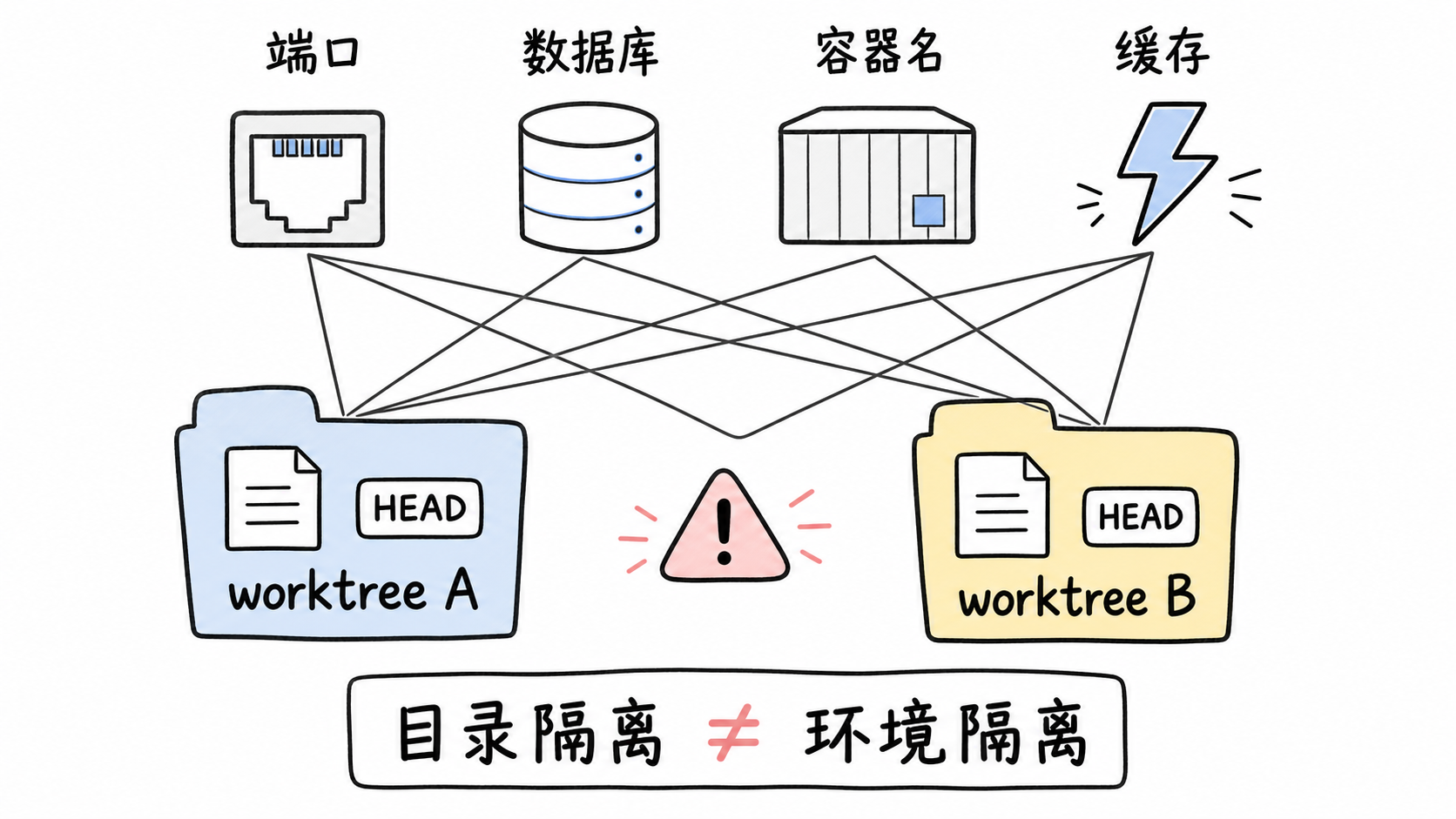 两个worktree仍会共享端口、数据库、容器名和缓存